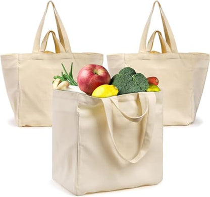 Tosnail 3 Pack Canvas Grocery Tote Bags with Bottle Sleeves, XL Reusable Shopping Bags with Long Shoulder Strap and Short Handles, Heavy Duty Cloth Bags, 14 x 9.75 x 15 Inches