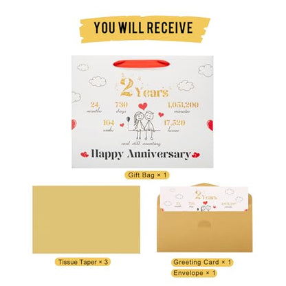 bigniuzi 2nd Anniversary Paper Gift Bag with Tissue Paper and Greeting Card 2 Year Anniversary Paper Gift Bag for Him Her Husband Wife Boyfriend Girlfriend - color: gold-2nd anniversary