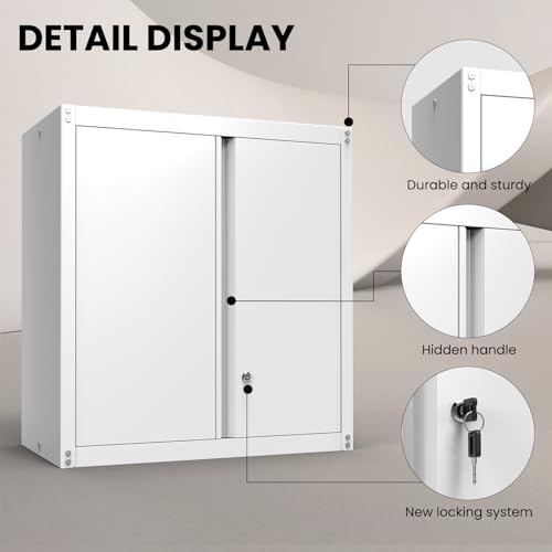 Metal Storage Cabinet with Lock, Kitchen Cabinets Wall Mounted, Steel Wall Cabinet with Doors and Shelf, Hanging Cabinet for Laundry, Pantry, Home Office, White - color: 28"h - White