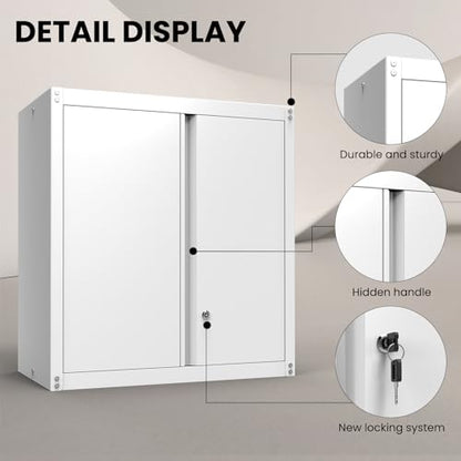 Metal Storage Cabinet with Lock, Kitchen Cabinets Wall Mounted, Steel Wall Cabinet with Doors and Shelf, Hanging Cabinet for Laundry, Pantry, Home Office, White - color: 28"h - White