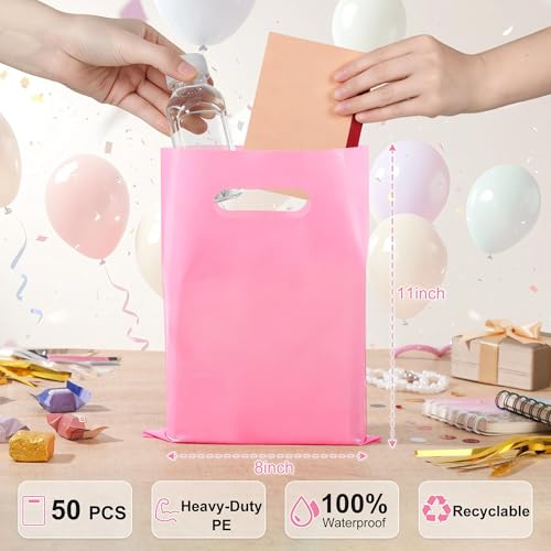 VieFantaisie 50 PCS Pink Party Favor Bags, 8" x 11" Goodie Bags for Candy Treat Craft Easter Egg, Plastic Gift Bag with Die Cut Handles for Birthday Party, School Events & Small Business, Wedding - color: Pink-50PCS-8x11Inch