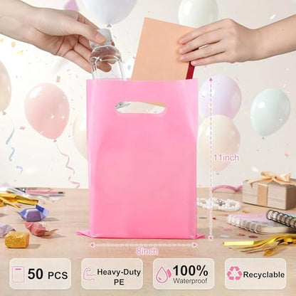 VieFantaisie 50 PCS Pink Party Favor Bags, 8" x 11" Goodie Bags for Candy Treat Craft Easter Egg, Plastic Gift Bag with Die Cut Handles for Birthday Party, School Events & Small Business, Wedding - color: Pink-50PCS-8x11Inch