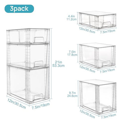 Vtopmart 3 Pack Clear Stackable Storage Drawers,Easy to Assemble Bathroom Organizers and Storage with handles,Plastic Drawers for Kitchen Pantry,Cabinet,Under Sink Organization - style: 1 Large+1 Medium+1 Small