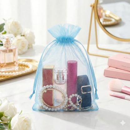 FUNFERY 100Pcs Baby Blue Organza Bags 5x7 in,Small Mesh Drawstring Gift Bag - color: Baby Blue