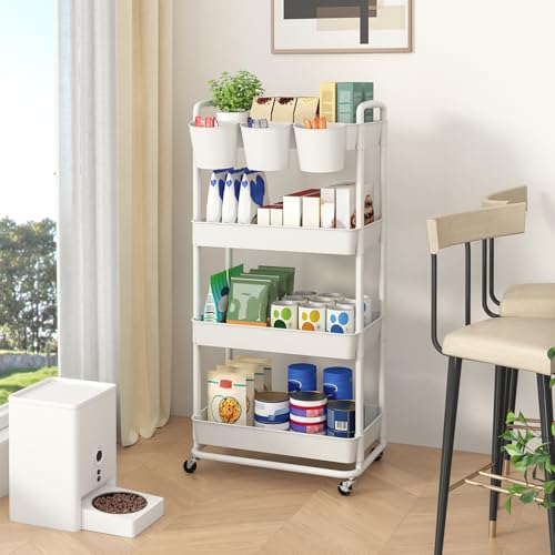 JIUYOTREE 4-Tier Plastic Rolling Storage Cart Utility Cart White - color: White, size: 4-Tier
