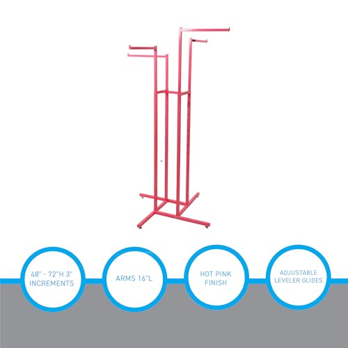 SSWBasics Hot Pink 4-Way Clothing Display Rack With Straight Arms- Durable Retail Clothing Rack for Boutique, Retail, and Thrift Stores - Sleek and Stylish Garment Display Stand