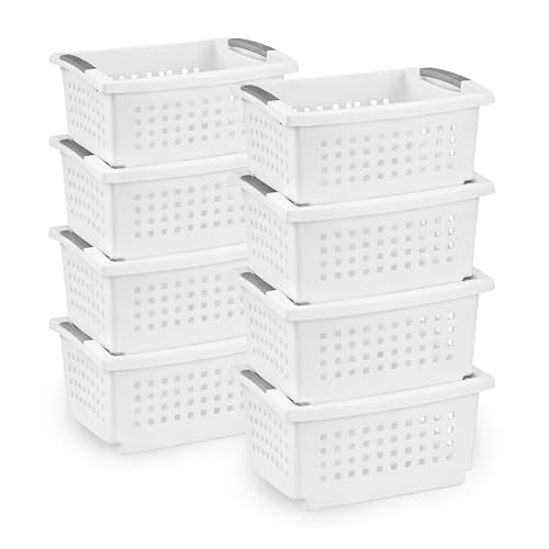 Sterilite Small Stacking Basket Plastic Storage Organizer, White, 8-Pack - size: 8 Pack, style: Small