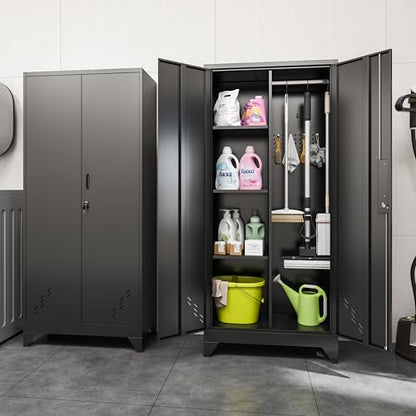 Metal Garage Storage Cabinets with Lock, Cabinet with Pegboard & Hanging Rod, Broom Closet Storage Cabinets, Black Lockable Steel Tool Cabinet for Home,Garage,Utility Room - color: 61" Black