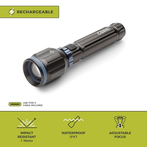 CORE 3000 Lumen Rechargeable Flashlight | LED Flashlight with 4 Modes, Adjustable Focus, Battery Indicator, Waterproof | Ideal for Home, Emergency, Camping, Hiking | USB Cable Included - size: 3000 Lumen