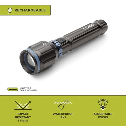 CORE 3000 Lumen Rechargeable Flashlight | LED Flashlight with 4 Modes, Adjustable Focus, Battery Indicator, Waterproof | Ideal for Home, Emergency, Camping, Hiking | USB Cable Included - size: 3000 Lumen