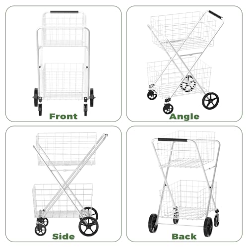 Stainless Steel Extra Jumbo 2-Tier Foldable Grocery Cart with Double Baskets, 360° Swivel Wheels, White,Capacity is 100kg/220 pounds. - color: White