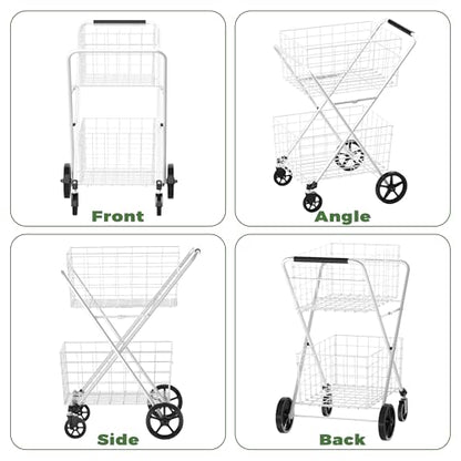 Stainless Steel Extra Jumbo 2-Tier Foldable Grocery Cart with Double Baskets, 360° Swivel Wheels, White,Capacity is 100kg/220 pounds. - color: White