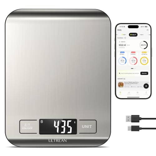 Ultrean Smart Food Kitchen Scale with Nutritional Calculator, App for Macro & Calorie Tracking, AI Scan, Digital Grams and Ounces for Weight Loss, Rechargeable, Stainless Steel, 33lb /15kg - color: Silver