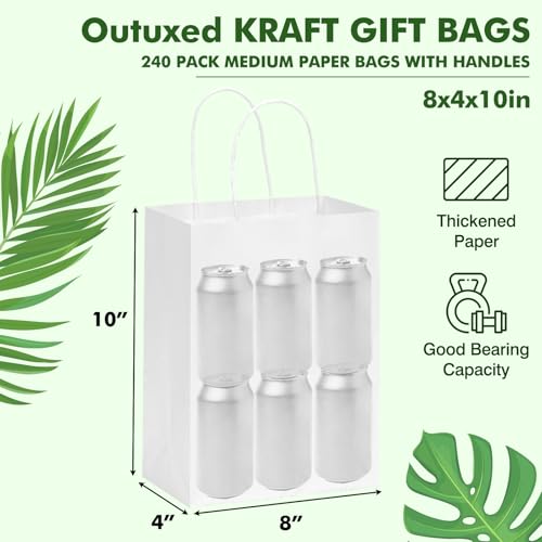 OUTUXED 240pcs 8x4x10in White Paper Bags with Handles Kraft Paper Gift Bags - color: White