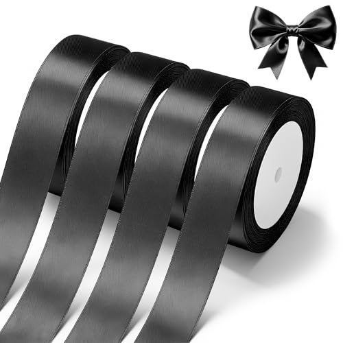 Black Satin Ribbon 1 Inch x 4 Rolls Black Wide Satin Fabric Ribbon for Gift Packaging, Christmas, Wedding, Flower Bouquet, Holiday Party, Invitation - color: Black*4, size: 1 Inch