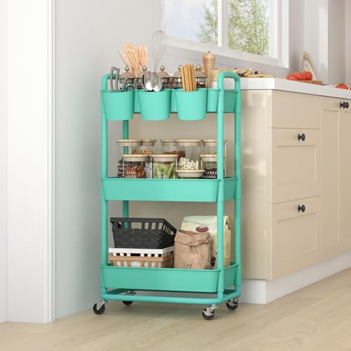 JIUYOTREE 3-Tier Plastic Rolling Storage Cart Utility Cart Green - color: Green, size: 3-Tier