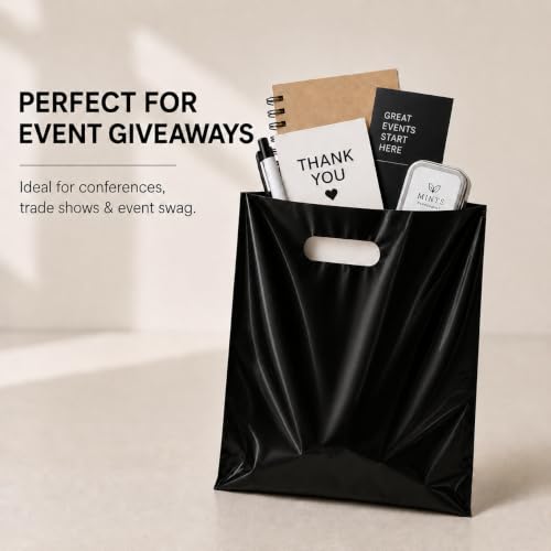 200 Pack Black Plastic Merchandise Bags with Die-Cut Handles, 12" x 15"