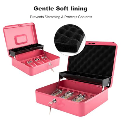 Cash Box with Key Lock & Foam Auto-Pop Coin Tray – Secure Steel Money Box with 4 Upgraded Finger-Safe Bill Clips, Premium Smooth Scratch-Resistant Coating, 11.8"L x 9.5"W x 3.5"H, KL Hot Pink - color: KL Hot Pink