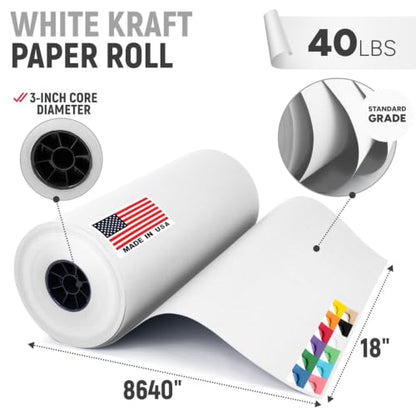 18" Paper Dispenser with Cutter + White Kraft Paper Roll - color: White, size: 1 Roll + Dispenser