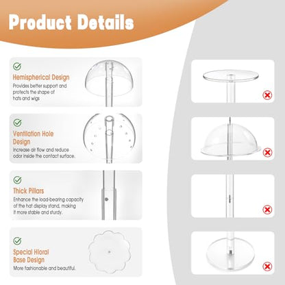 Acrylic Wig Stand Hat Display Stand Adjustable Clear 2-Pack