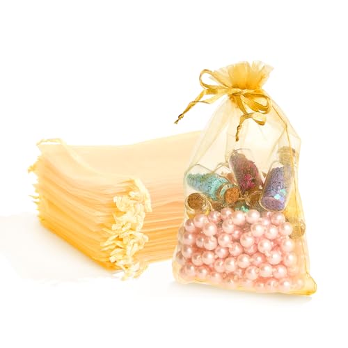 PACKINNO 100pcs Gold Organza Bags, Sheer Organza Bags 4x6 Inch, Small Mesh Bag, Drawstring Gift Bags for Party, Jewelry, Candy, Christmas, Festival, Bathroom Soaps, Makeup - color: Gold