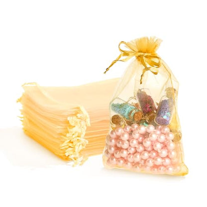 PACKINNO 100pcs Gold Organza Bags, Sheer Organza Bags 4x6 Inch, Small Mesh Bag, Drawstring Gift Bags for Party, Jewelry, Candy, Christmas, Festival, Bathroom Soaps, Makeup - color: Gold