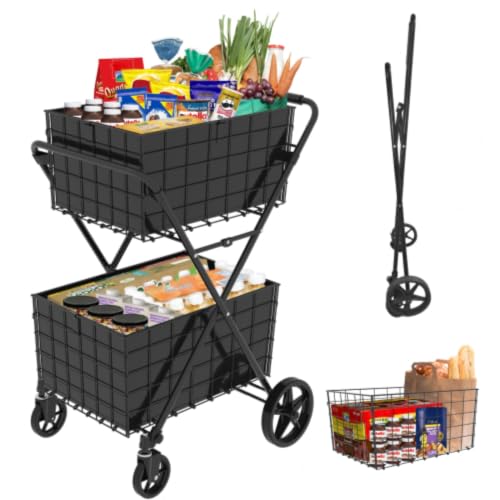 Extra Jumbo Foldable Shopping Cart with 2 Removable Baskets and Waterproof Liner, Heavy Duty Utility Grocery cart on Wheels, Rolling 2-Tier Laundry cart with 360° Swivel Front Wheels (2-Tire) (Black) - color: Black