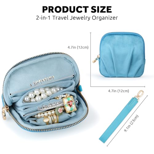 Velvet Travel Jewelry Pouch, 2-in-1 Case with Detachable Insert - color: Teal Blue