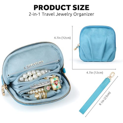 Velvet Travel Jewelry Pouch, 2-in-1 Case with Detachable Insert - color: Teal Blue