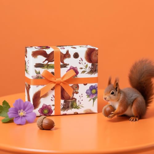WRAPAHOLIC Squirrel Wrapping Paper Roll - Mini Roll - 17 Inch x 16.5 Feet - Squirrels Animals and Flower Wrapping Paper Perfect for Birthday, Baby Shower, Wedding - color: Squirrels & Flower