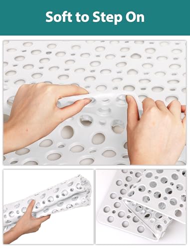 Extra Large Shower Mat, Yonala 47 x 32 Inch Non Slip Shower Mats for Inside Shower, Soft TPE Shower Floor Mat with Suction Cups and Drain Holes, Machine Washable Bathroom Shower Mat, Easy to Clean - color: White