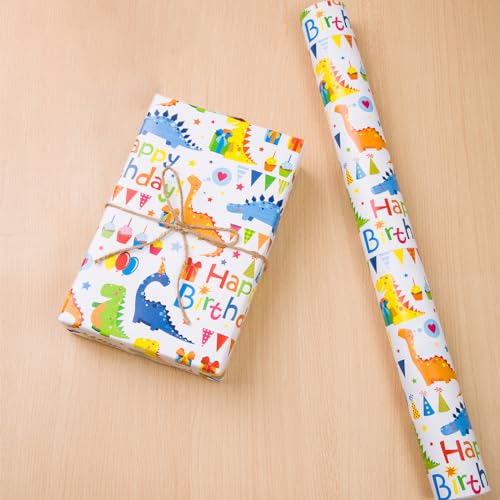 Dinosaur Happy Birthday Gift Wrapping Paper Boy Roll - 17 inch X 50 Feet - color: Dinosaur