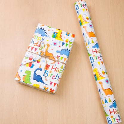 Dinosaur Happy Birthday Gift Wrapping Paper Boy Roll - 17 inch X 50 Feet - color: Dinosaur