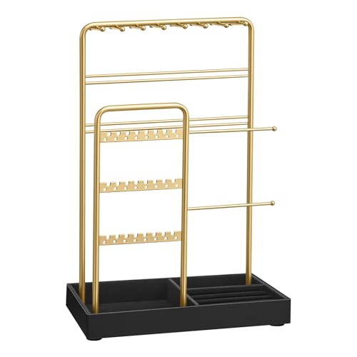 SONGMICS Jewelry Holder, Display Stand, Metal Frame, Velvet Tray - color: Pale Gold + Ink Black, size: 4.5"D x 7.7"W x 12.1"H