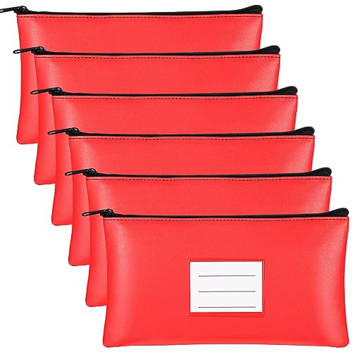 Paterr 6 Pcs Money Bags with Zipper PU Leather Deposit Bank Bag Security Money Pouch Receipt Holder Bank Pouch Wallet with Label for Cash Coin Makeup Cosmetics Bills Tickets, 11 x 6 Inch(Red) - color: Red
