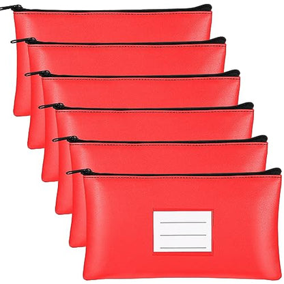 Paterr 6 Pcs Money Bags with Zipper PU Leather Deposit Bank Bag Security Money Pouch Receipt Holder Bank Pouch Wallet with Label for Cash Coin Makeup Cosmetics Bills Tickets, 11 x 6 Inch(Red) - color: Red