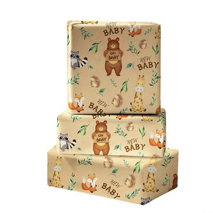 ZINTBIAL Kraft Baby Shower Wrapping Paper Roll - Unisex Baby Showers & Kids Birthdays Gift Wrap Paper - 17 Inch x 33 Feet - Cute Animal Design with Cut Lines, Newborn Theme Party for Boy or Girl - color: Baby Shower-Brown