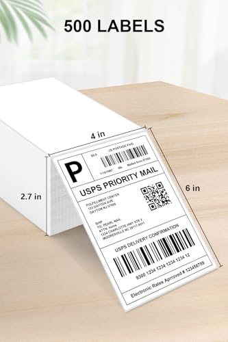 4x6 Thermal Labels, Razuvo Printable Shipping Labels for Direct Thermal Shipping Label Printer, 500 Pack Per Stack, Fanfold, White - size: 500 Labels