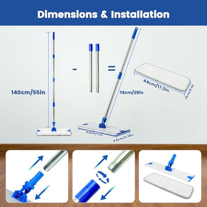 18 in Microfiber Flat Mop Cleaning System, Floor Mops with Stainless Steel Handle, Tangle-Free Mop Head, 4 Reusable Washable Dust Pads, Wet Mopping for Hardwood Tile Laminate