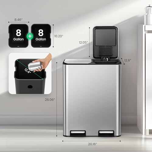Cesun 8 + 8 Gallon Dual Compartment Kitchen Trash & Recycle Bin Combo