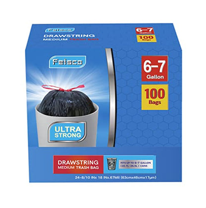 Feisco 6-7 Gallon Black Trash Bag,Medium Drawstring Garbage Bag Trash Can Liner,100 Counts,0.67 Mil - size: 100 Count (Pack of 1)