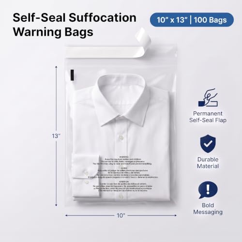 10” X 13” (100 Count) Self Seal Clear Poly Bags with Suffocation Warning - size: 10" X 13"