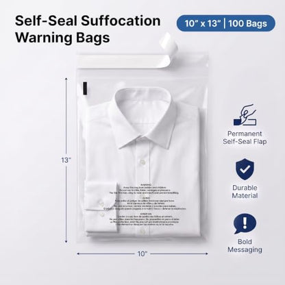 10” X 13” (100 Count) Self Seal Clear Poly Bags with Suffocation Warning - size: 10" X 13"