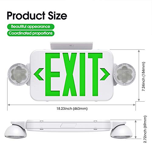 Green Led Exit Sign Emergency Light Combo Adjustable Two Head, Double Sided and Battery Backup Exit Light, Contractor Select, AC 120/277V (1 Pack) - size: 1