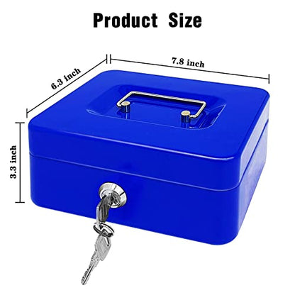 Steel Cash Box with Key Lock, Metal Small Money Organizer with Money Tray,Cash Storage Box with Lockable Cover (Blue - 8 inch) - color: Blue - 7.8" x 6.3" x 3.3"