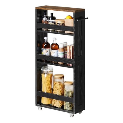 VASAGLE 4-Tier Slide-Out Storage Cart, Slim Kitchen Cart with Wheels - color: Ebony Black + Rustic Brown, size: 5.9"D