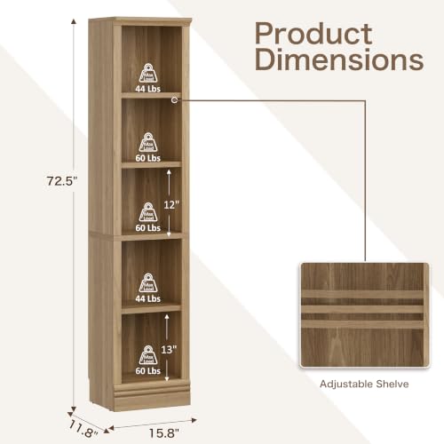 Narrow Bookshelf, 5-Tier Adjustable Shelves, 72.5" - color: Oak