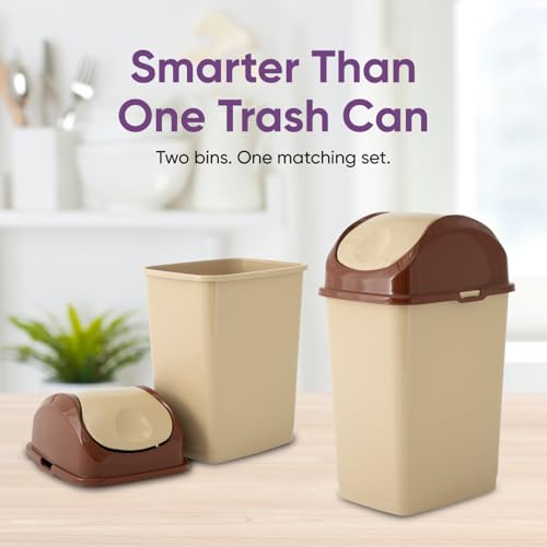 Superio Mini 1.25 Gallon and Small 2.5 Gallon Plastic Trash Cans with Swing Top Lid, Grey Waste Bin for Countertop, Desk, Vanity, Bathroom, 2 Pack (Beige/Brown) - size: 1.25 and 2.5 Gallon, style: 2 Pack