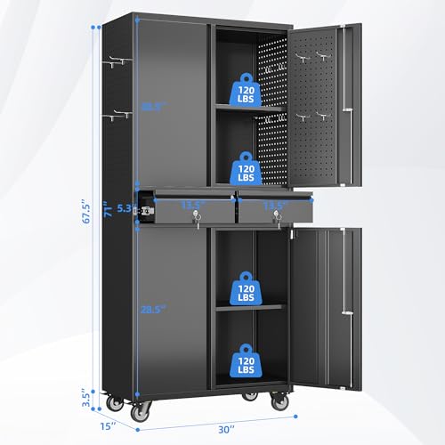 71-Inch Garage Storage Cabinet with 2 Drawers, Wheels and Pegboard - color: Black, size: 16"D x 30"W x 71"H