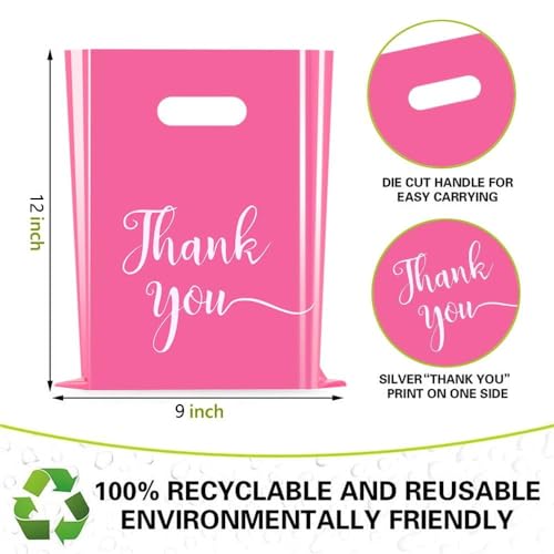 Cupplation Pink Thank You Merchandise Bags Large 9x12 inches,100 Pack, Retail Plastic Shopping Merchandise Gift Bags Tear Resistant Strong Durable Anti Stretch, 100% Recyclable (100)